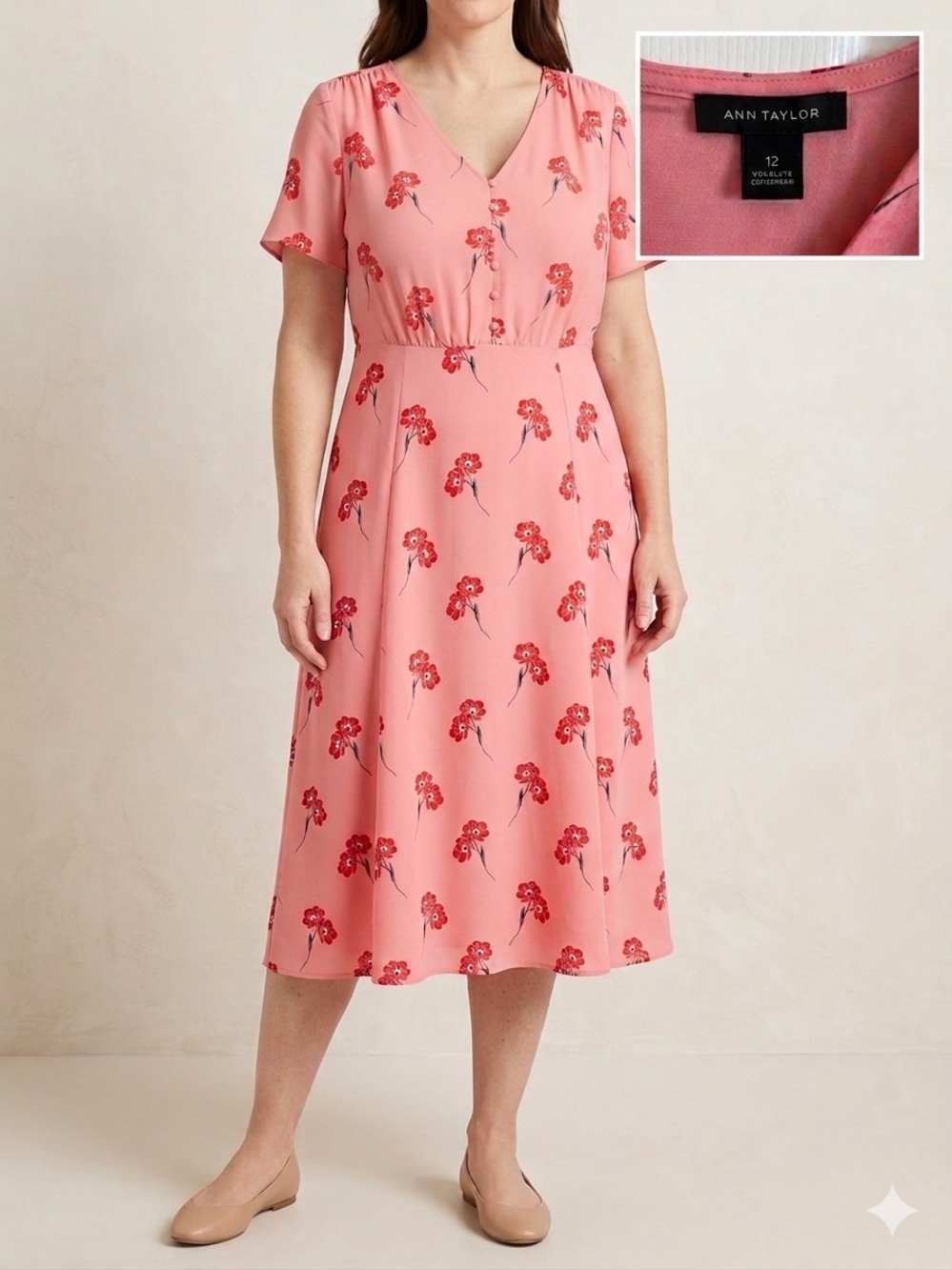 Ann Taylor Coral Pink Floral V-Neck Midi Dress